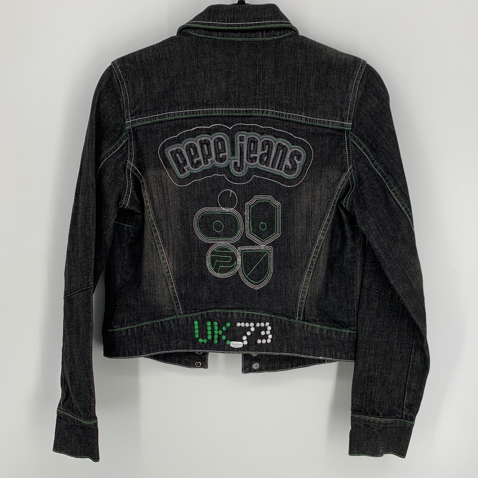 Pepe Jeans London M Black Denim Jacket Neon Green Stitching Y2k — image 4 of 8